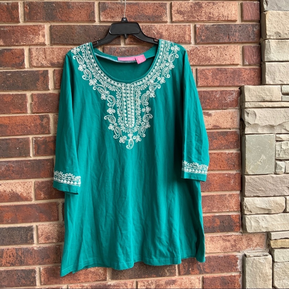 Woman Within Long Bluish Green Top w Stitching L